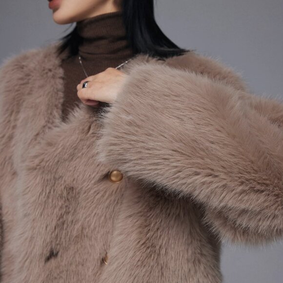 Taupe Faux Fur Double Breasted Crop Coat - Picture 6 of 7